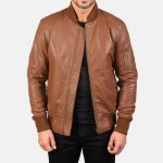 Brown Leather Bomber Jacket