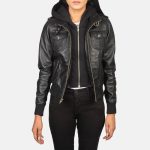 Black Hooded Leather Bomber Jacket