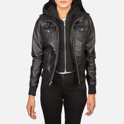 Black Hooded Leather Bomber Jacket