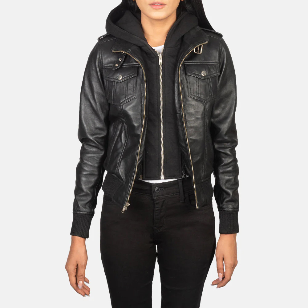 710 Black Hooded Leather Bomber Jacket - Image 1