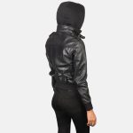 Black Hooded Leather Bomber Jacket - Image 2