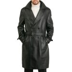 Men Classic Leather Long Trench Coat