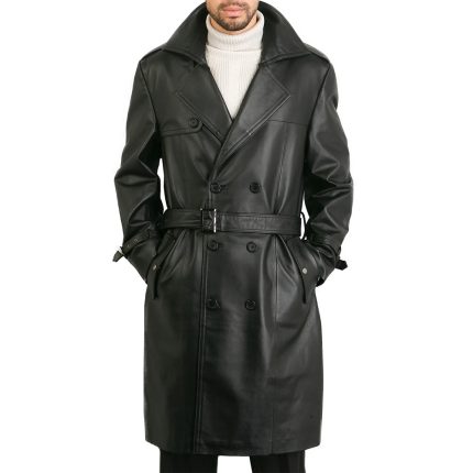 Men Classic Leather Long Trench Coat