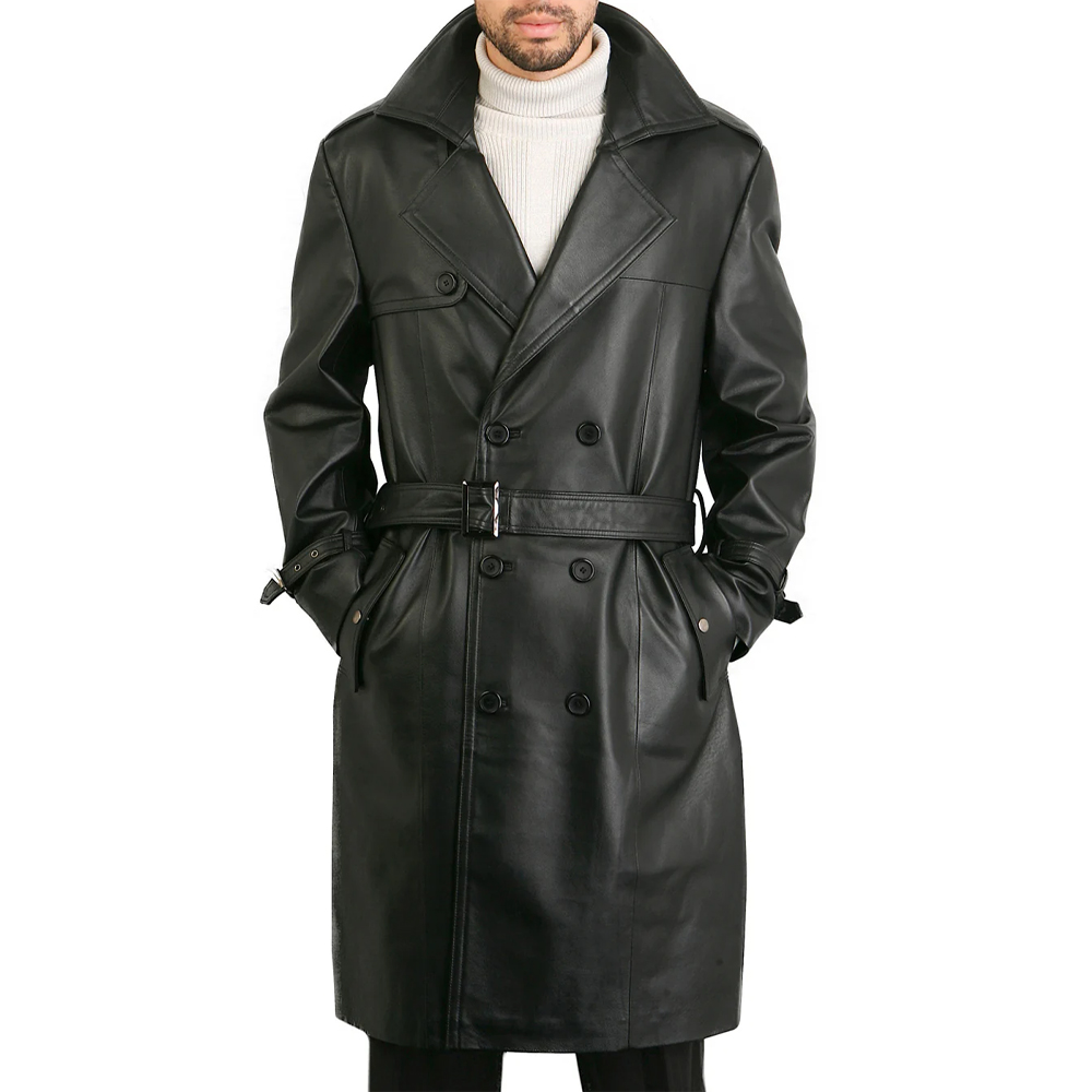 726 Men Classic Leather Long Trench Coat - Image 1
