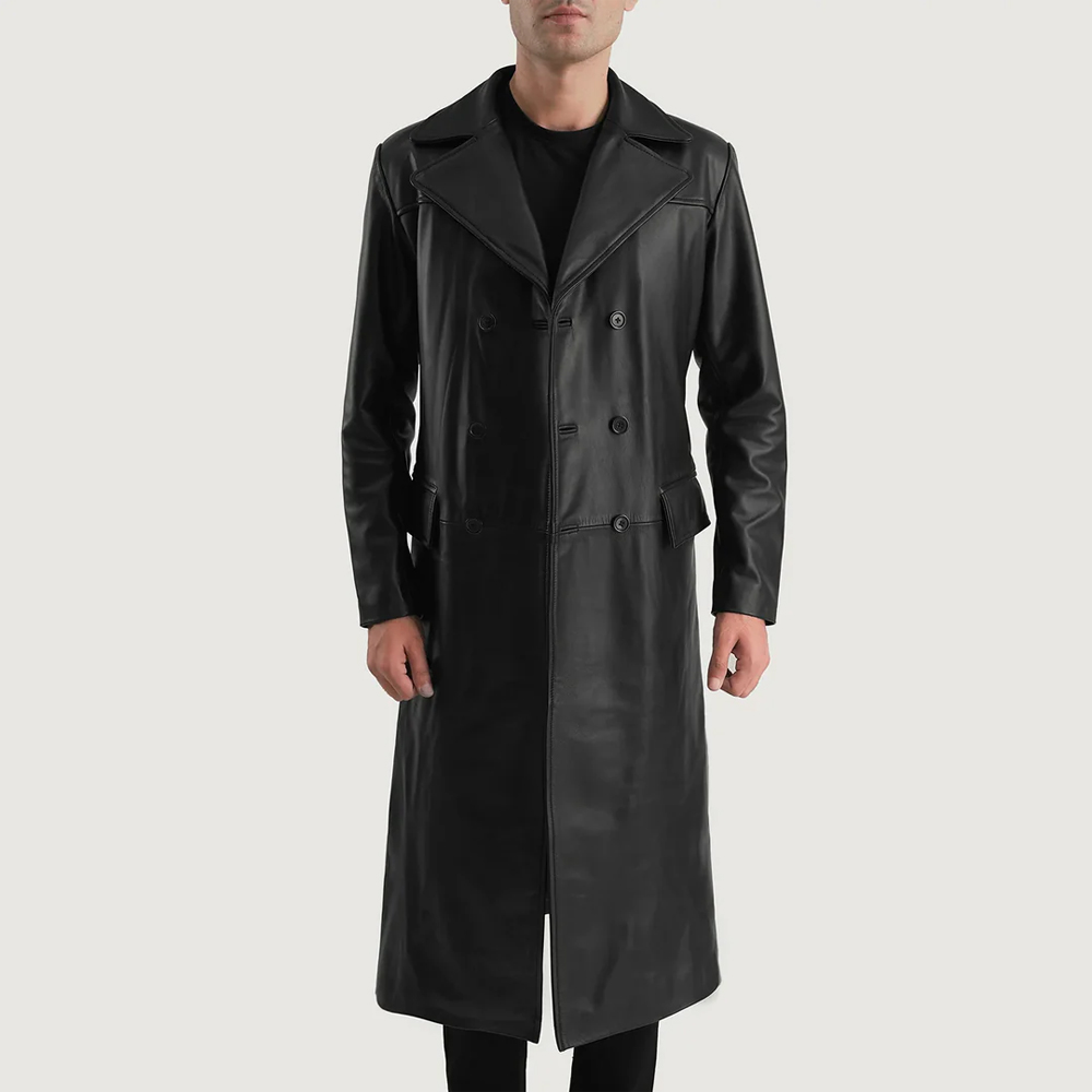736 Black Leather Double Breasted Coat - Image 1