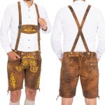 Authentic Bavarian Short Lederhosen | Brown Suede Leather | Gold Stag Embroidery | Oktoberfest