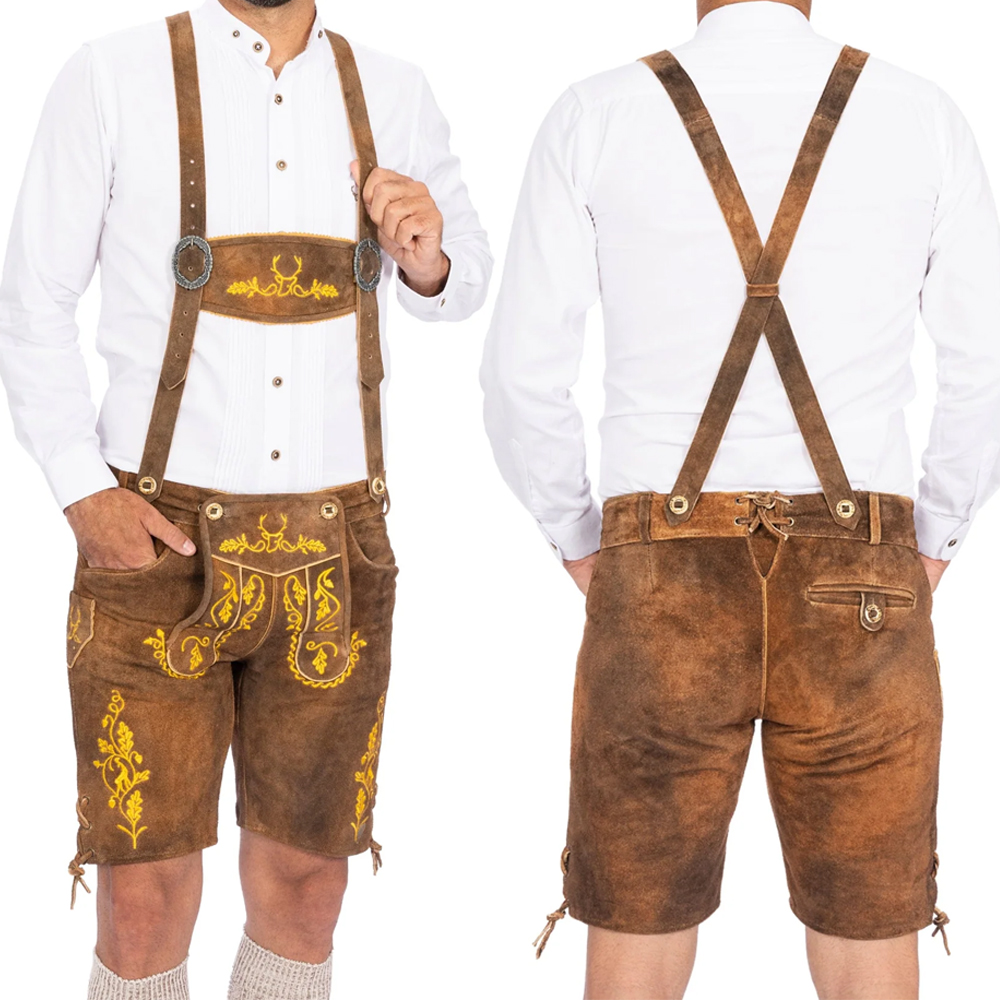 881 Authentic Bavarian Short Lederhosen | Brown Suede Leather | Gold Stag Embroidery | Oktoberfest - Image 1